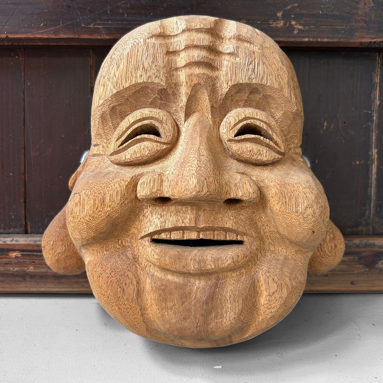 Hand-Carved Japanese Hotei Mask – Joyful God of Happiness, 1980s