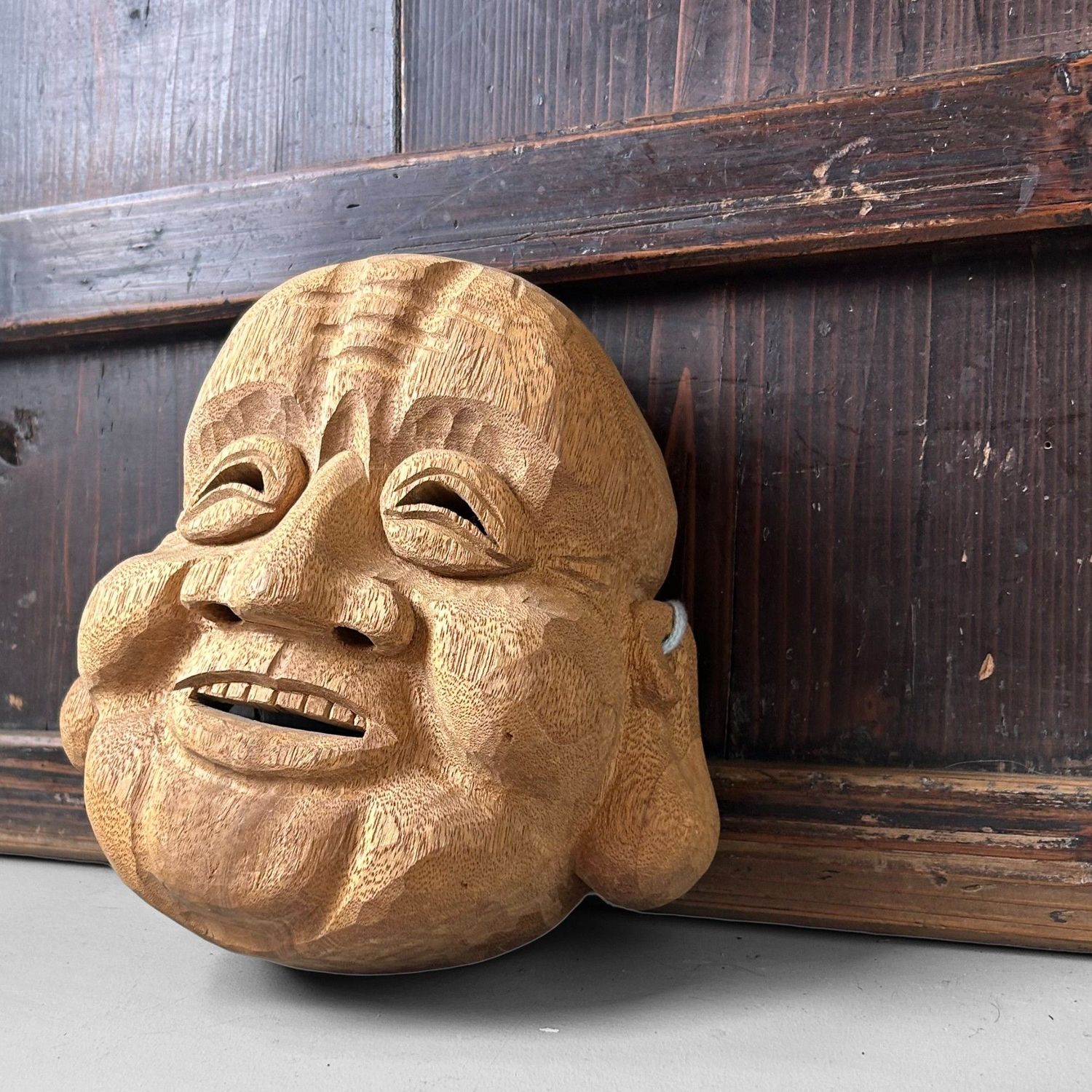 Hand-Carved Japanese Hotei Mask – Joyful God of Happiness, 1980s
