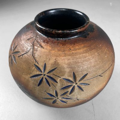 Japanese Shigaraki Ikebana Vase with Carved Floral Motif, 1970s