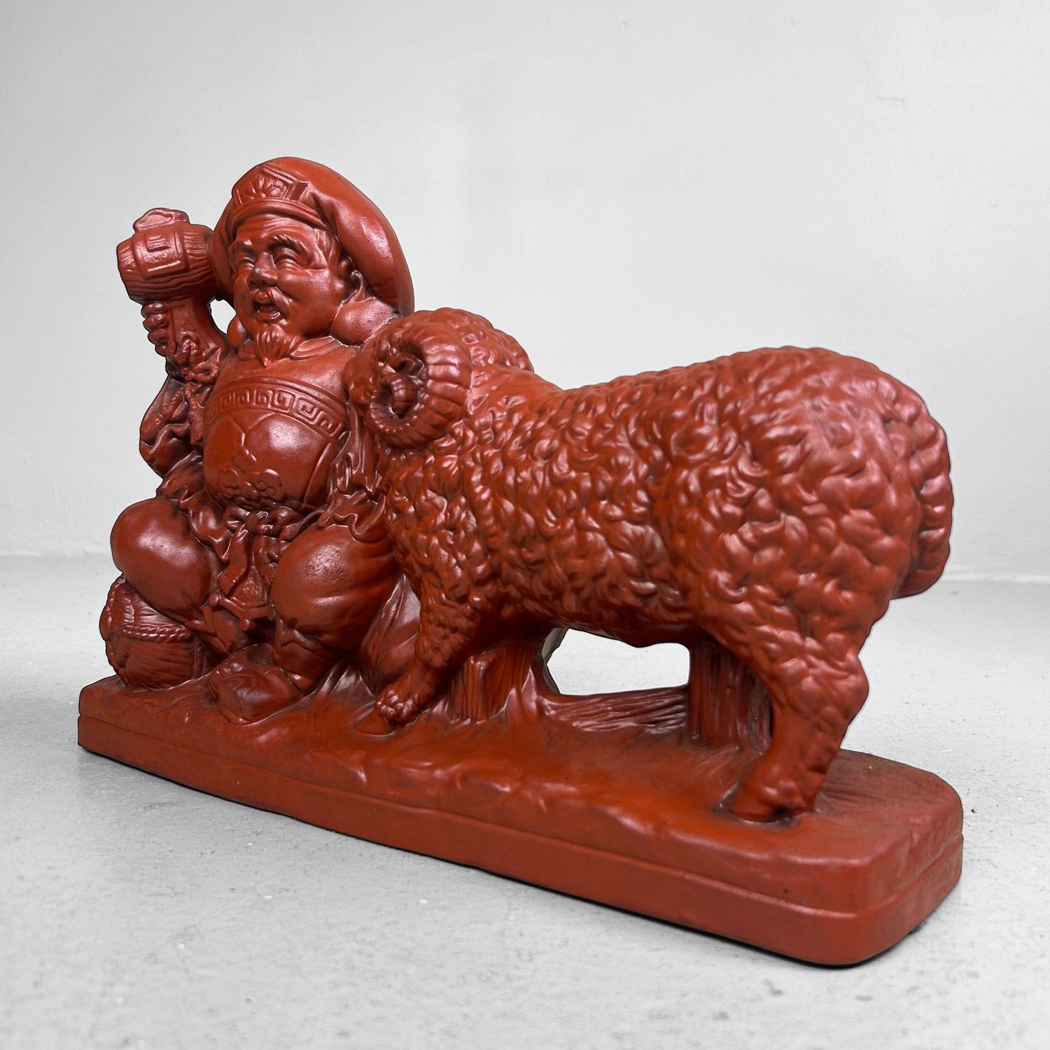 Japanese Terracotta Sculpture ‘Daikokuten & Ram’ – Tokoname, 1970s