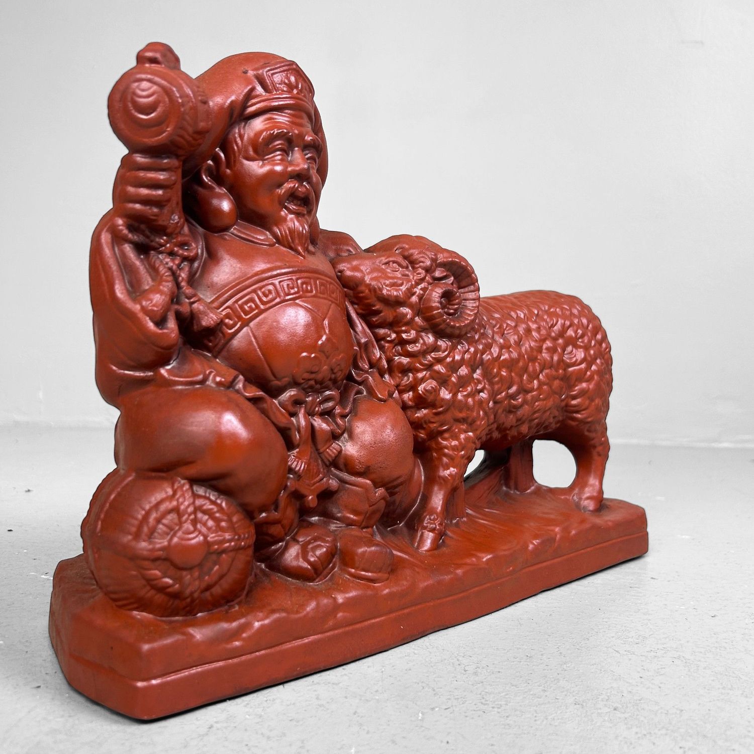 Japanese Terracotta Sculpture ‘Daikokuten & Ram’ – Tokoname, 1970s