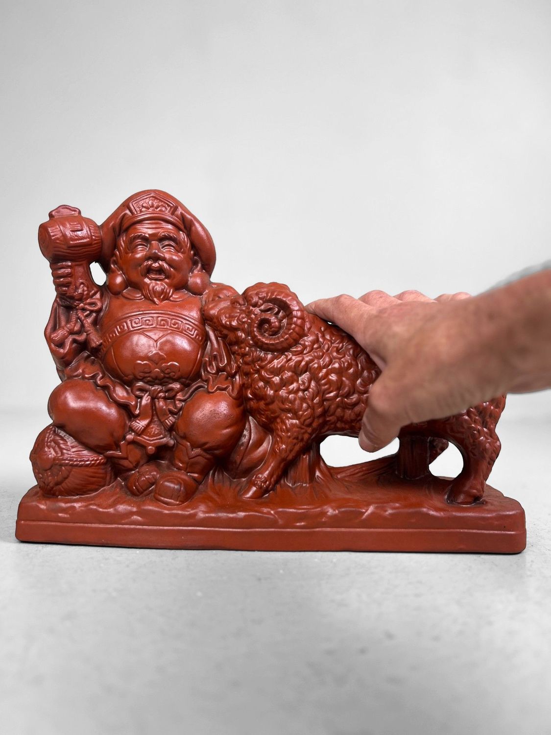 Japanese Terracotta Sculpture ‘Daikokuten & Ram’ – Tokoname, 1970s