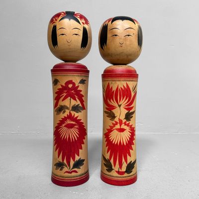 Groot Traditioneel Kokeshi-paar – Naruko-school, Okazaki, 1960s