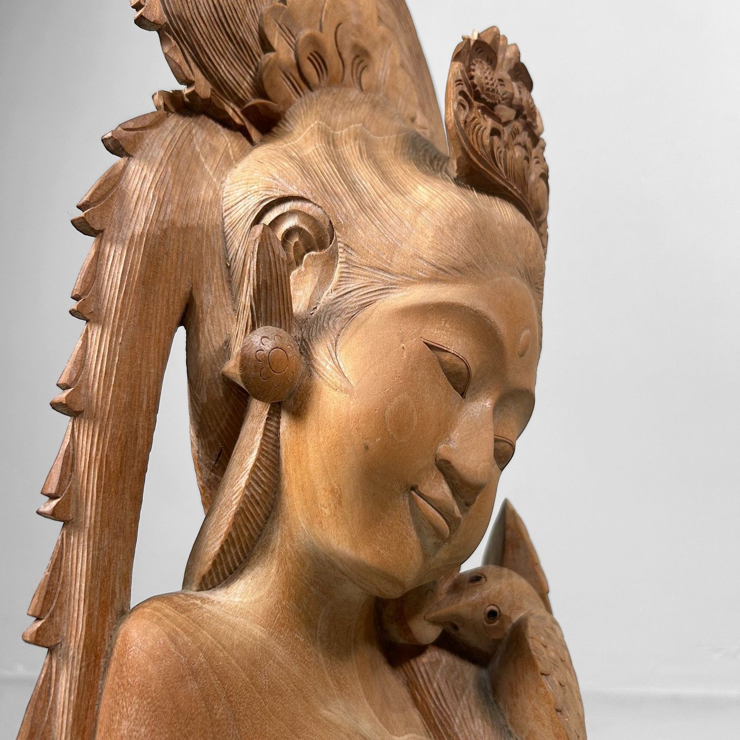 Vintage Balinese Wooden Sculpture, Woman with Hummingbird, 1950s