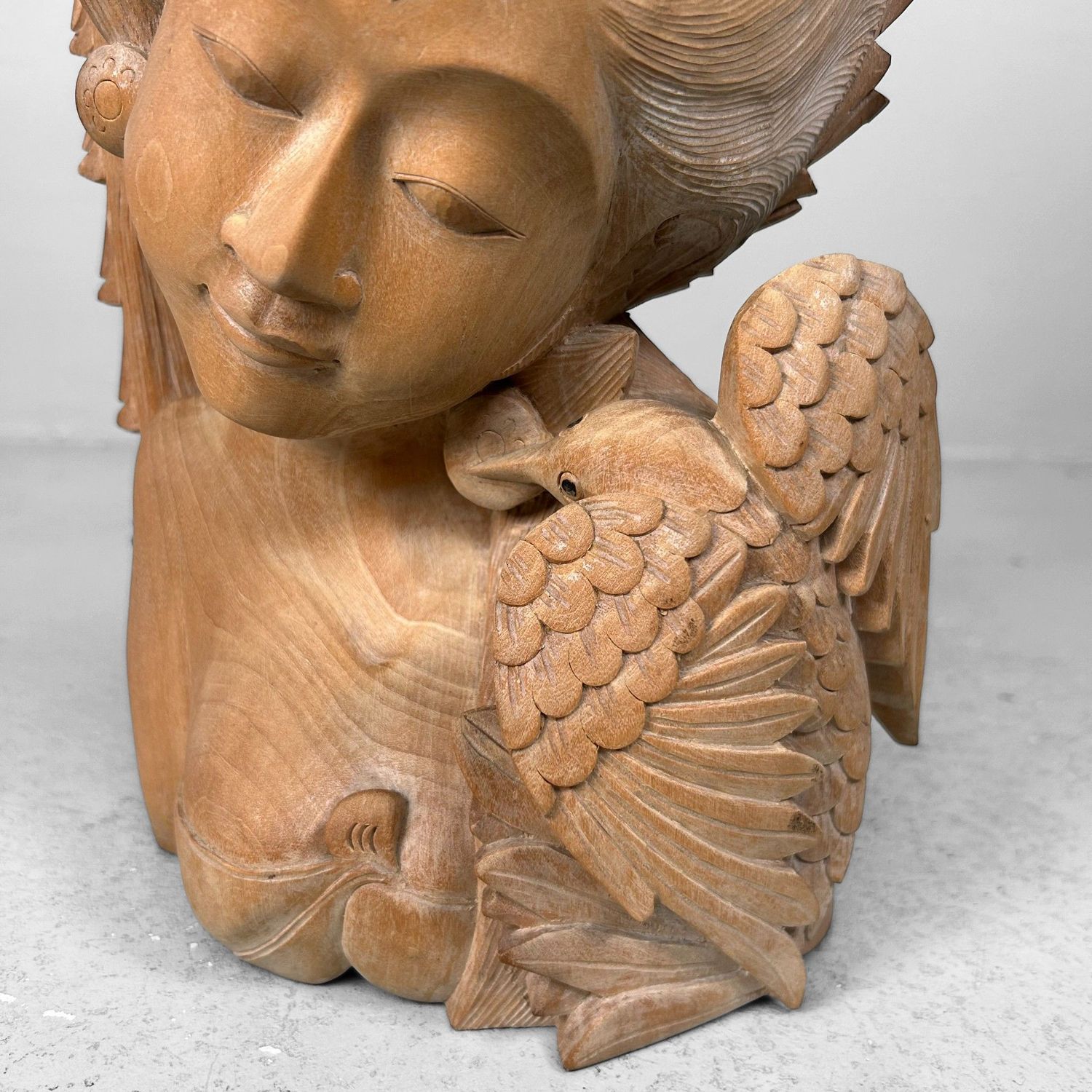 Vintage Balinese Wooden Sculpture, Woman with Hummingbird, 1950s