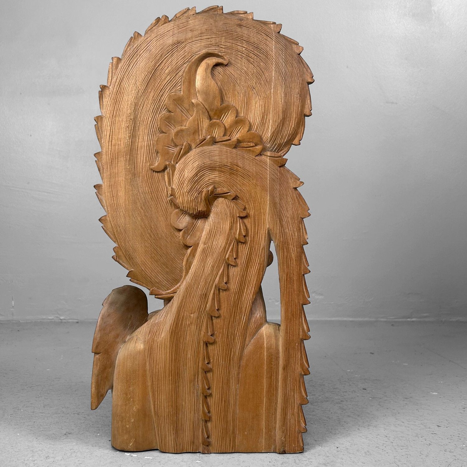 Vintage Balinese Wooden Sculpture, Woman with Hummingbird, 1950s