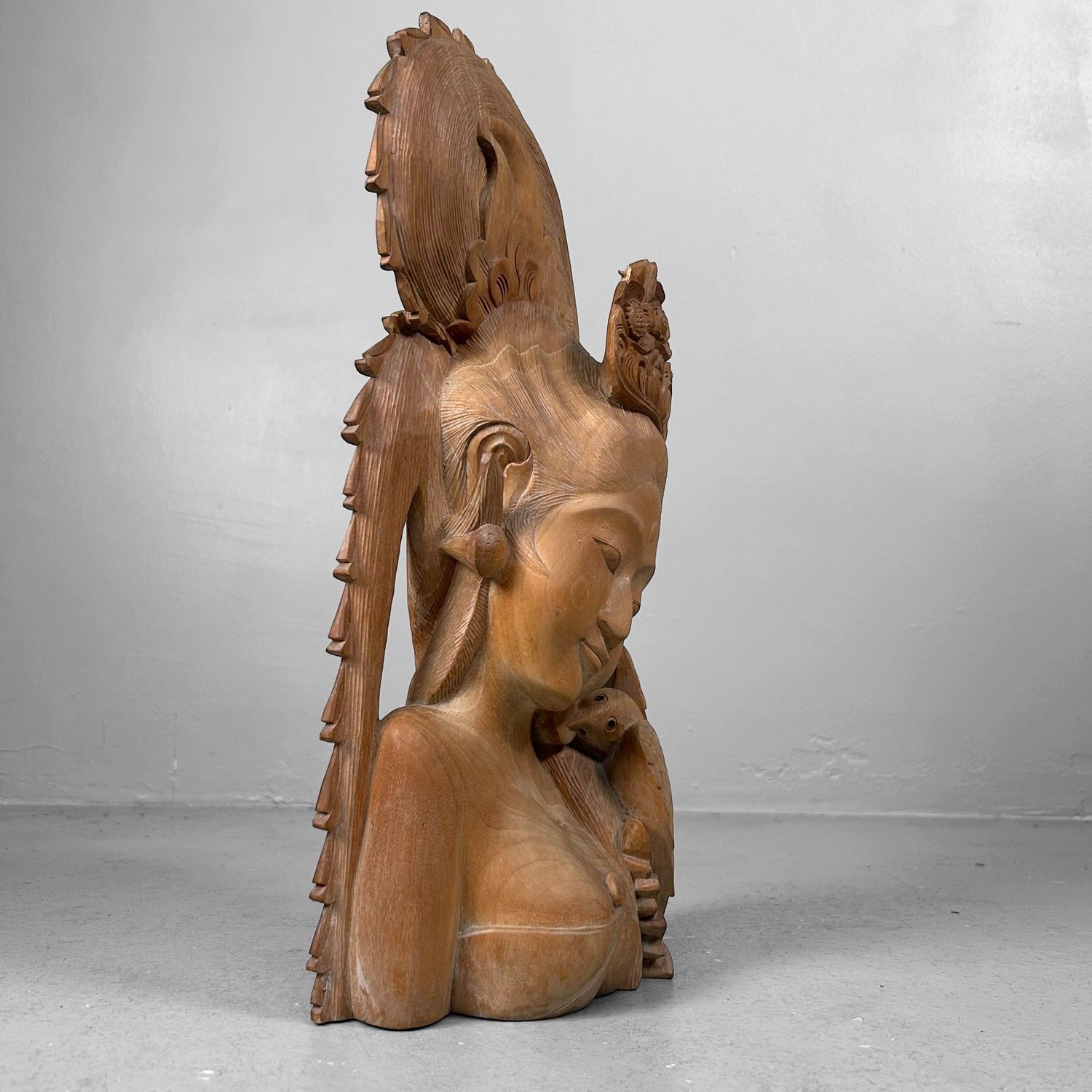 Vintage Balinese Wooden Sculpture, Woman with Hummingbird, 1950s