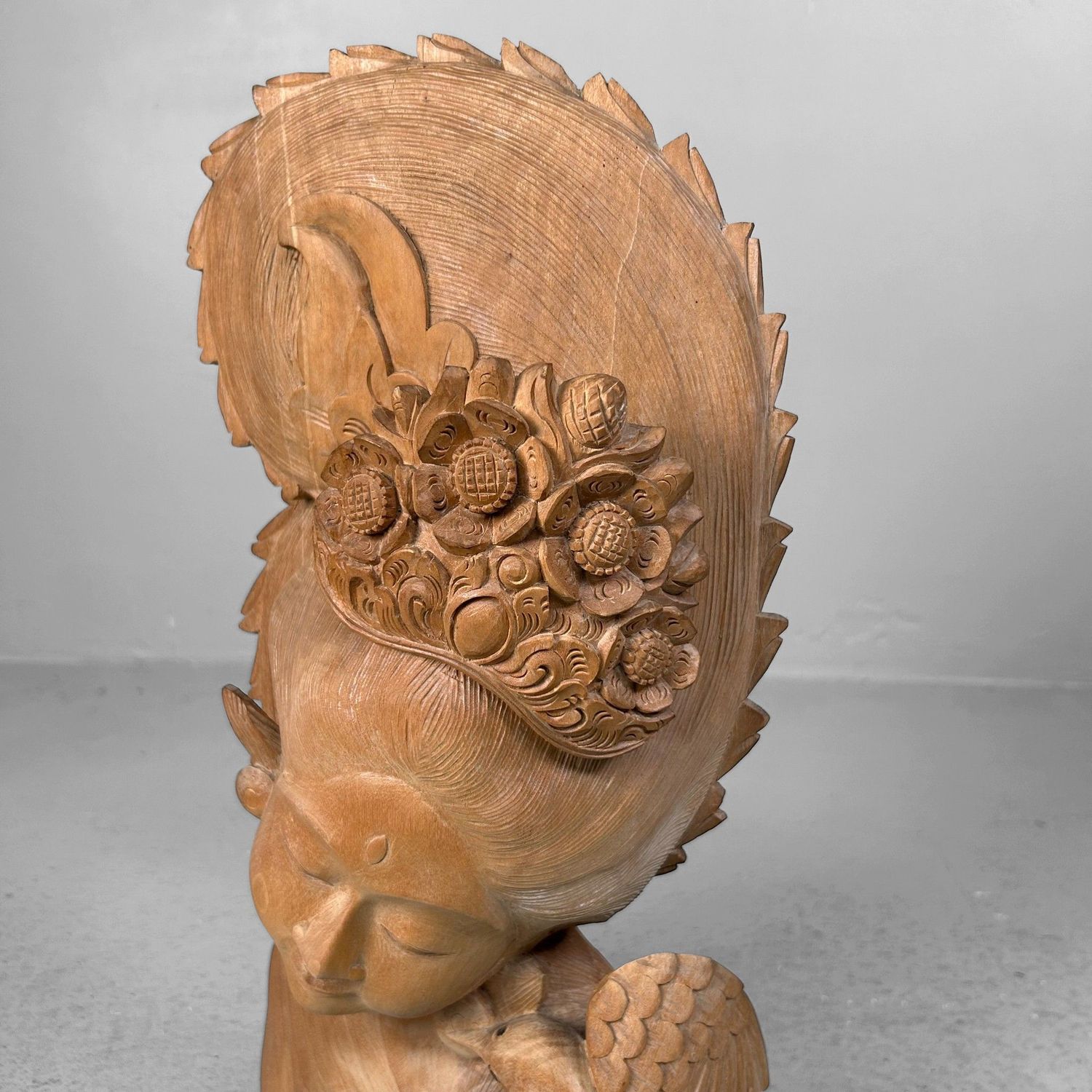 Vintage Balinese Wooden Sculpture, Woman with Hummingbird, 1950s