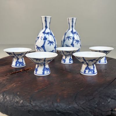 Japanese Arita Porcelain Sake Set with Bamboo Motif, 1970s–1980s