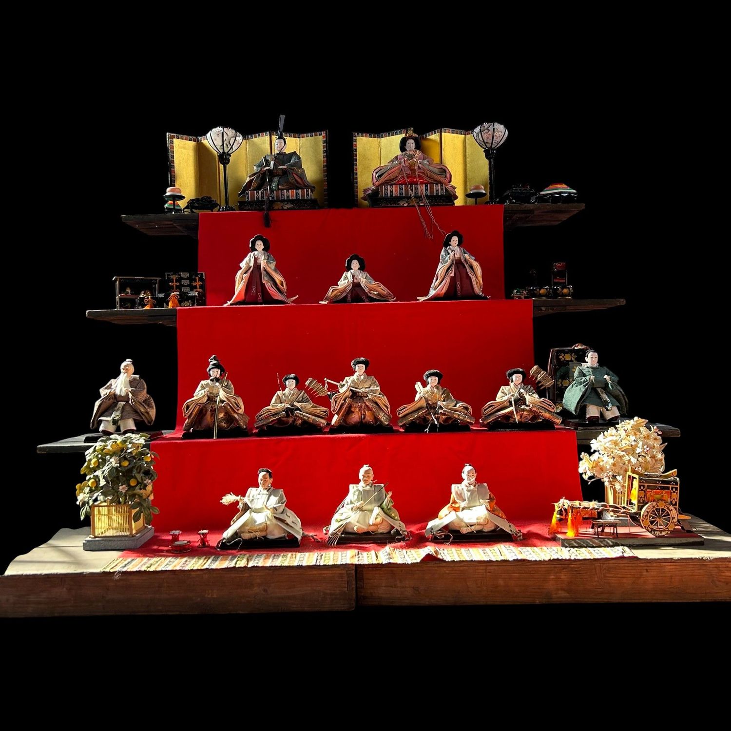 Large Hina Ningyō — Emperor & Empress, complete court — 1980s