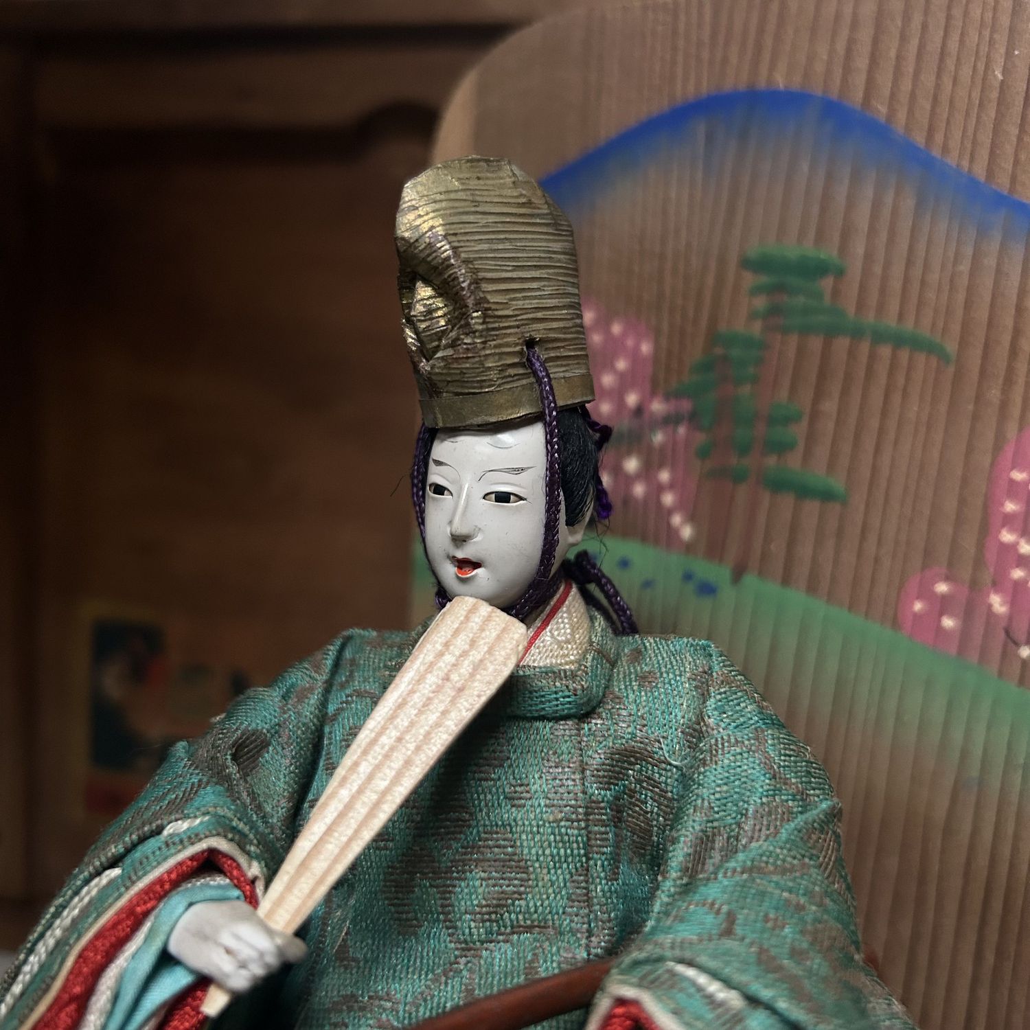 Japanese Hina Dolls, Emperor & Empress with Wooden Box, 1950s Japanese Hina Dolls, Emperor & Empress with Wooden Box, 1950s