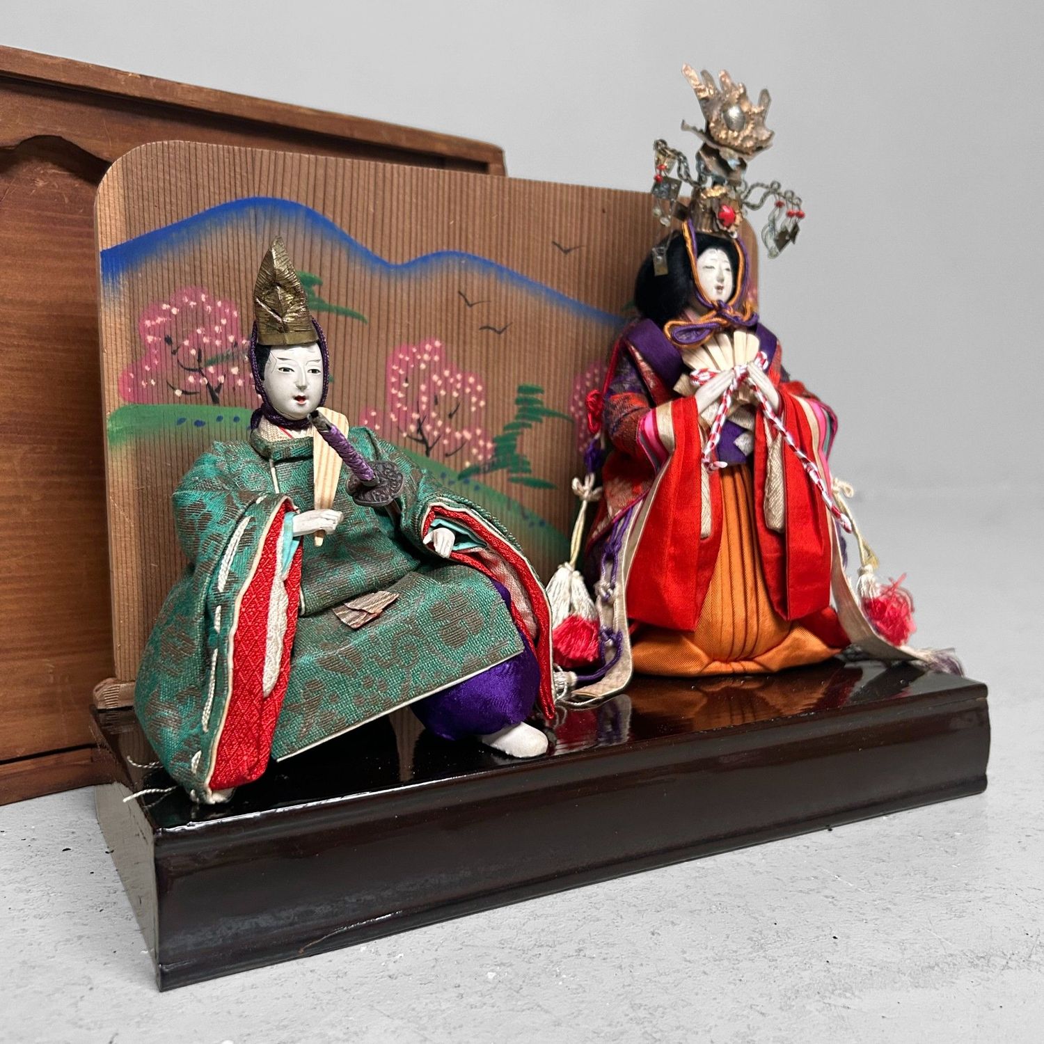 Japanese Hina Dolls, Emperor & Empress with Wooden Box, 1950s Japanese Hina Dolls, Emperor & Empress with Wooden Box, 1950s