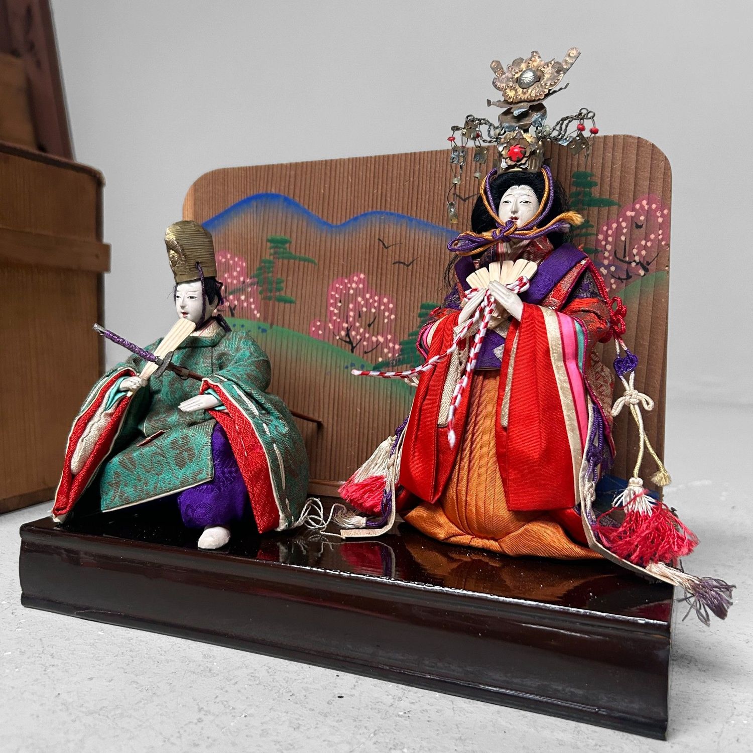 Japanese Hina Dolls, Emperor & Empress with Wooden Box, 1950s Japanese Hina Dolls, Emperor & Empress with Wooden Box, 1950s