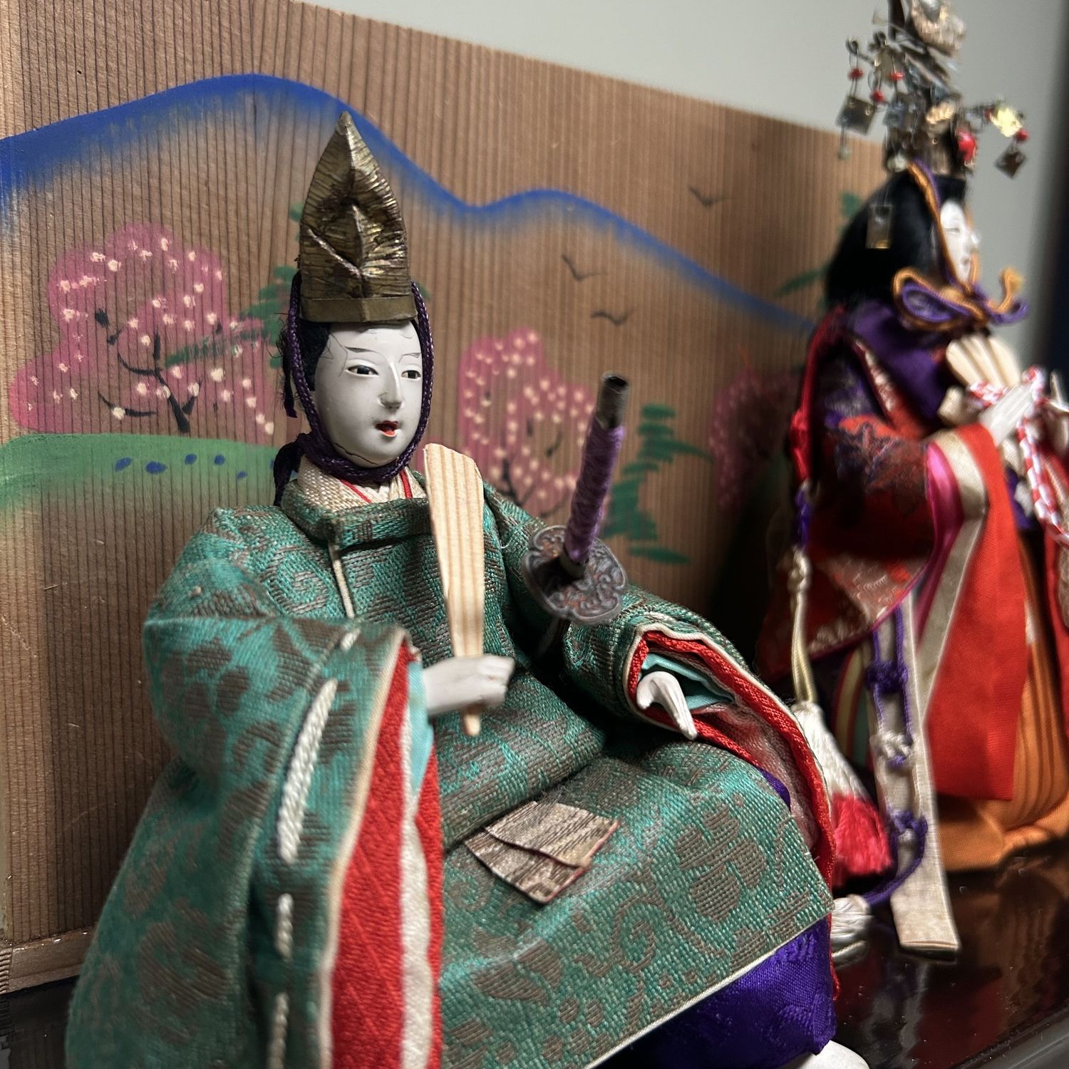 Japanese Hina Dolls, Emperor & Empress with Wooden Box, 1950s Japanese Hina Dolls, Emperor & Empress with Wooden Box, 1950s