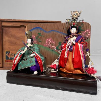 Japanese Hina Dolls, Emperor & Empress with Wooden Box, 1950s