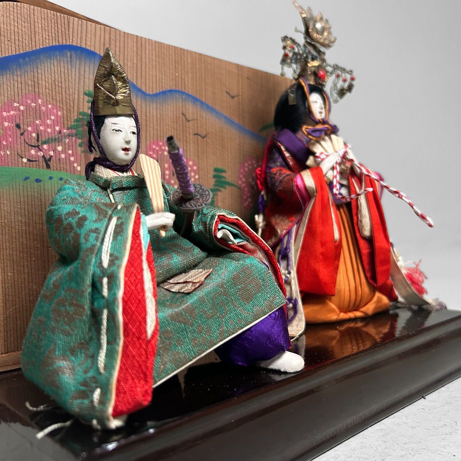 Japanese Hina Dolls, Emperor & Empress with Wooden Box, 1950s Japanese Hina Dolls, Emperor & Empress with Wooden Box, 1950s