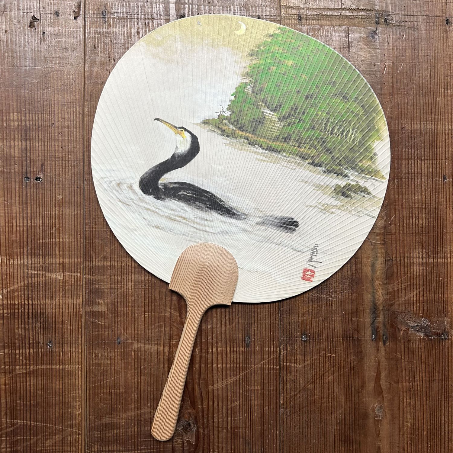 Japanse Waaier “Aalscholver bij Maanlicht”, Takashimaya, door Shōen, 1960s