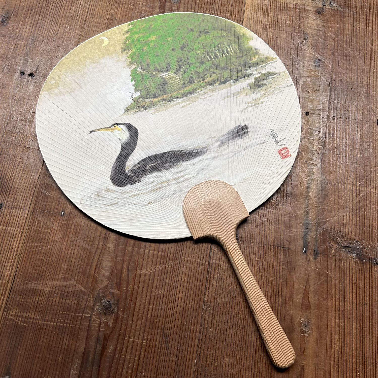 Japanse Waaier “Aalscholver bij Maanlicht”, Takashimaya, door Shōen, 1960s