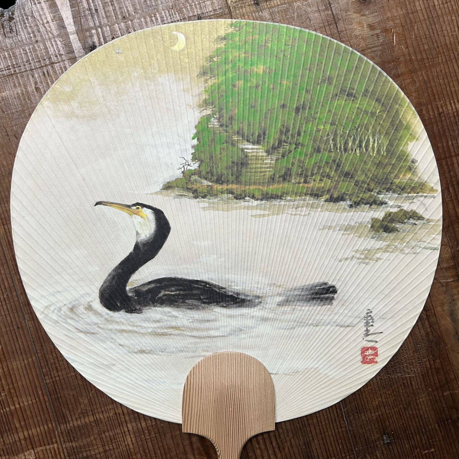 Japanse Waaier “Aalscholver bij Maanlicht”, Takashimaya, door Shōen, 1960s