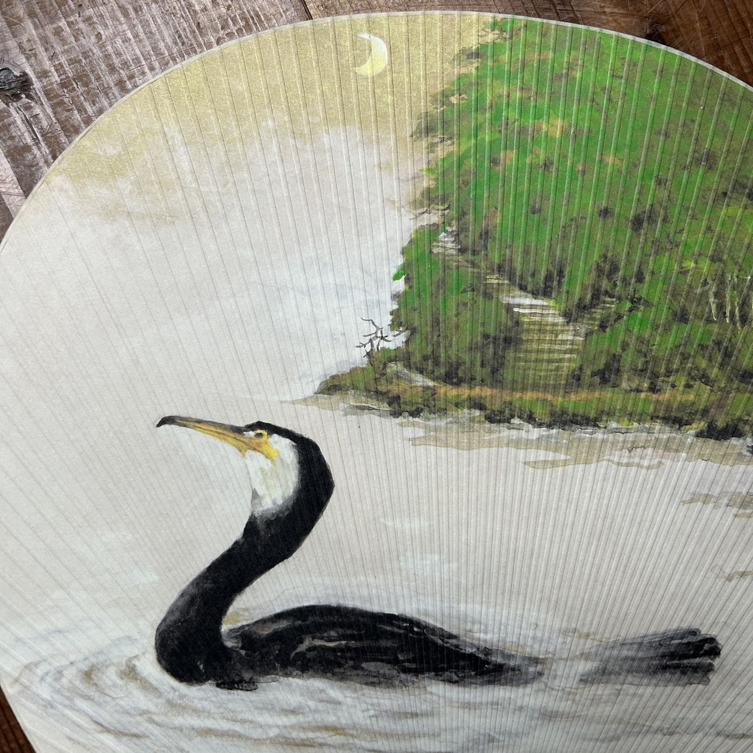 Japanse Waaier “Aalscholver bij Maanlicht”, Takashimaya, door Shōen, 1960s