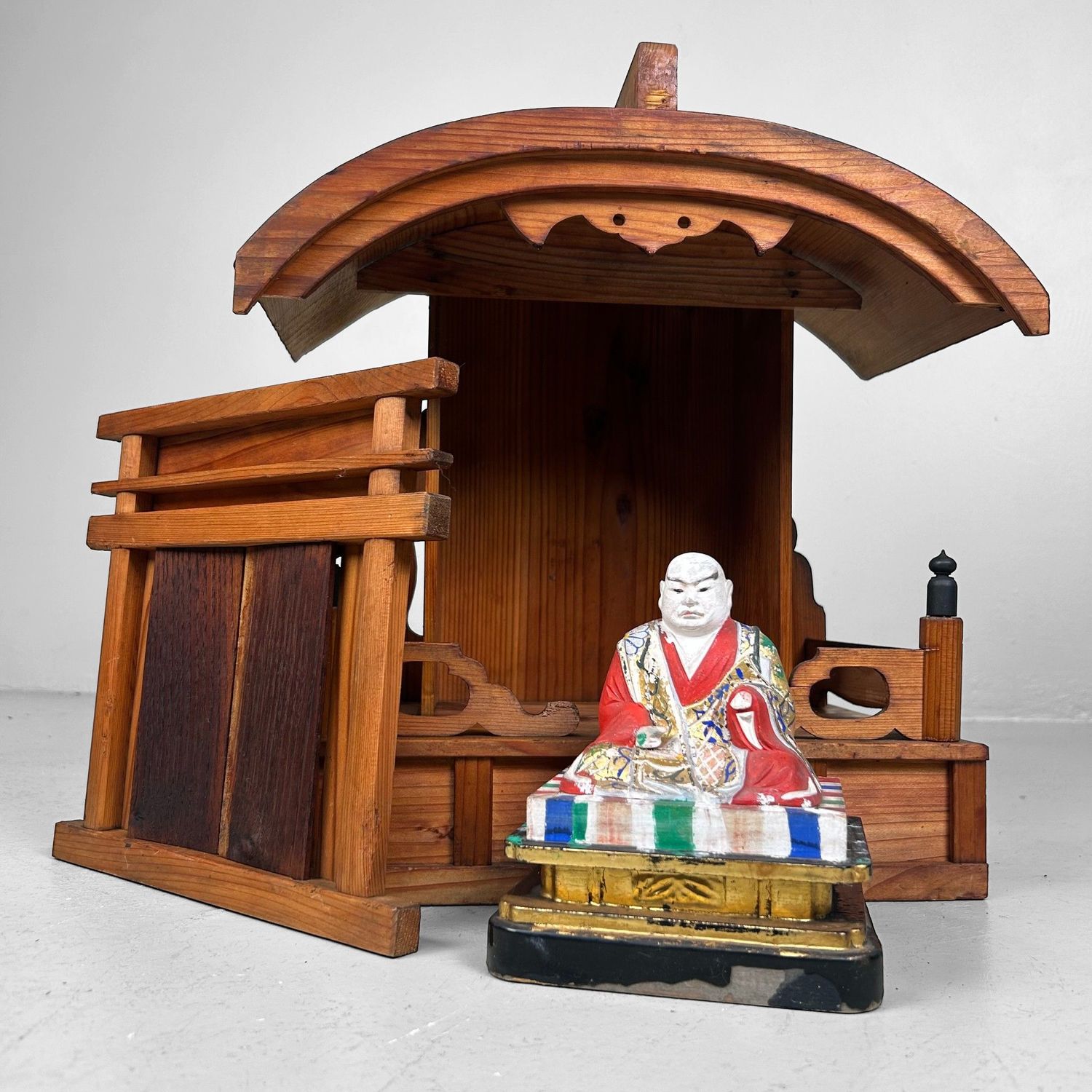 Japanese Wooden Shrine, Kamidana with Monk, 1950s