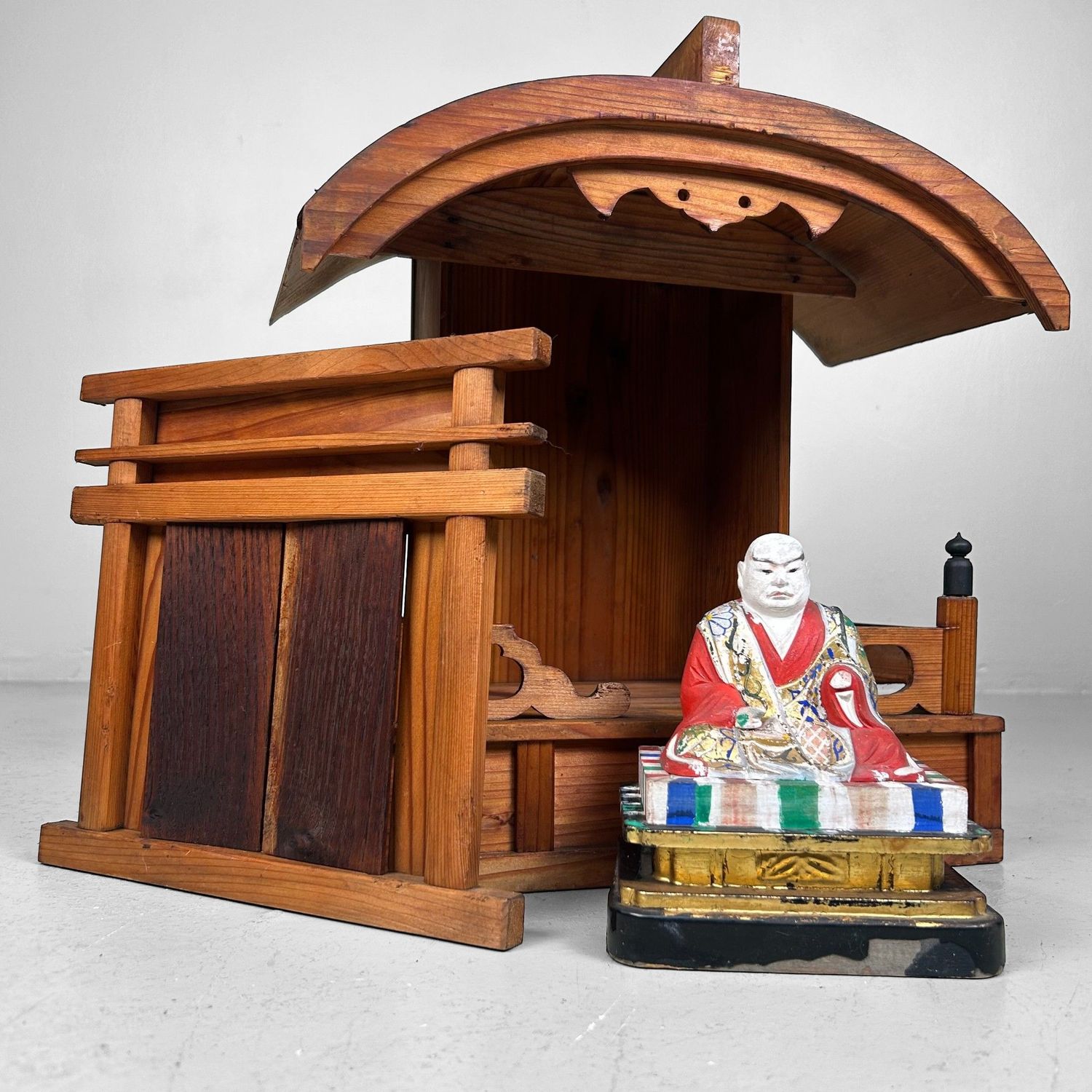 Japanese Wooden Shrine, Kamidana with Monk, 1950s