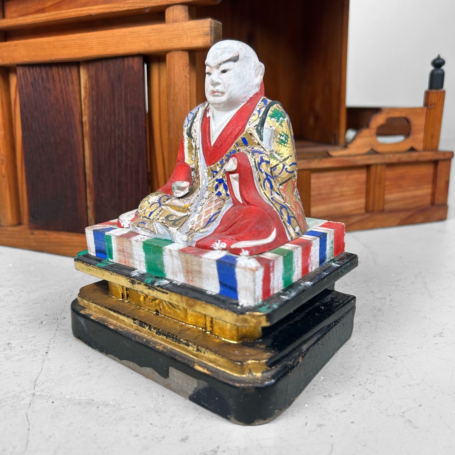Japanese Wooden Shrine, Kamidana with Monk, 1950s