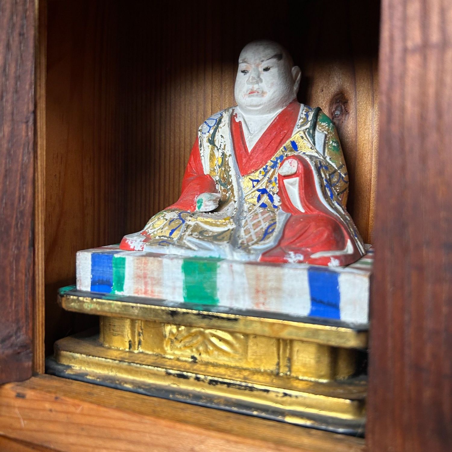 Japanese Wooden Shrine, Kamidana with Monk, 1950s