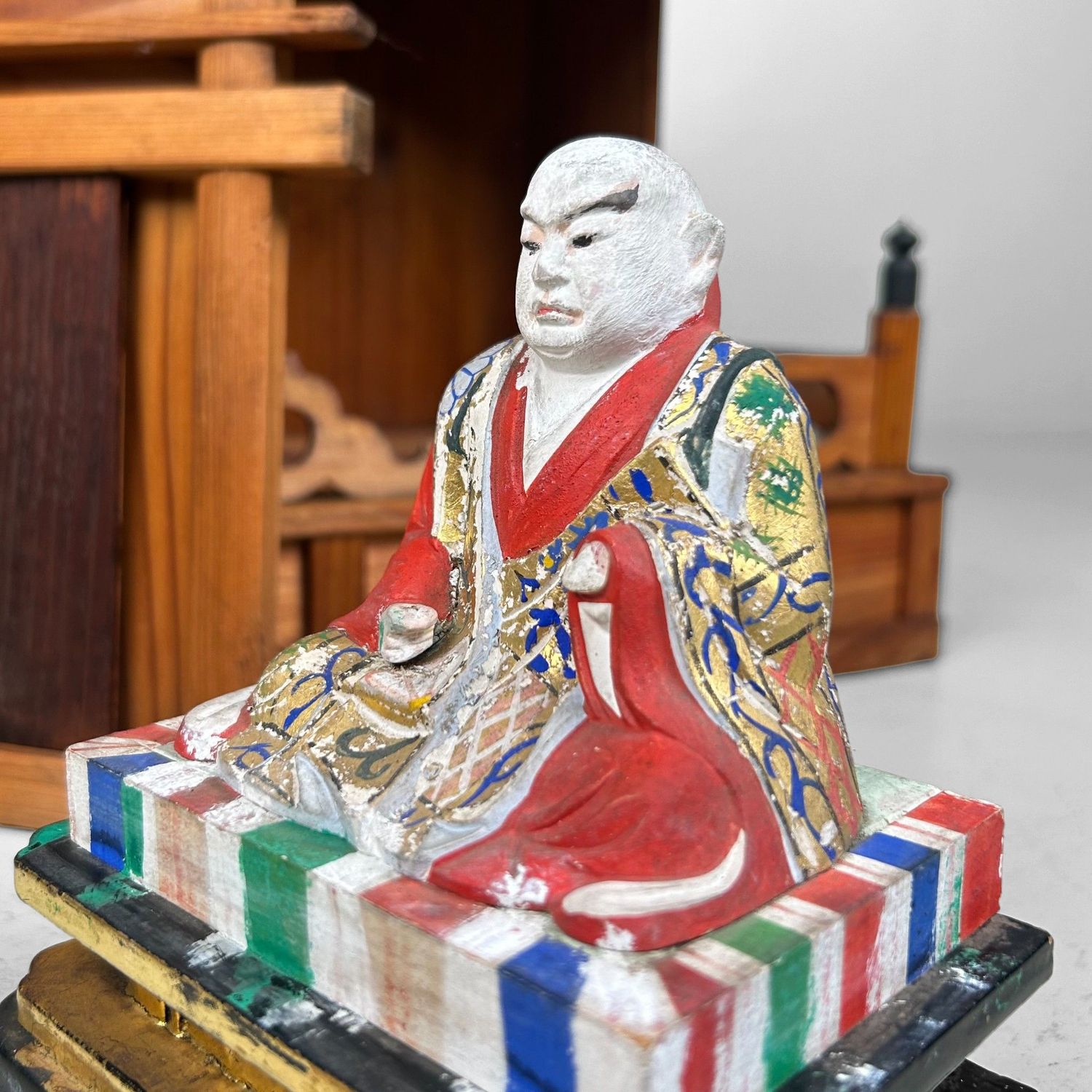 Japanese Wooden Shrine, Kamidana with Monk, 1950s