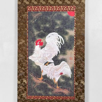 Decorative Japanese Panel with Roosters, 1980–1990
