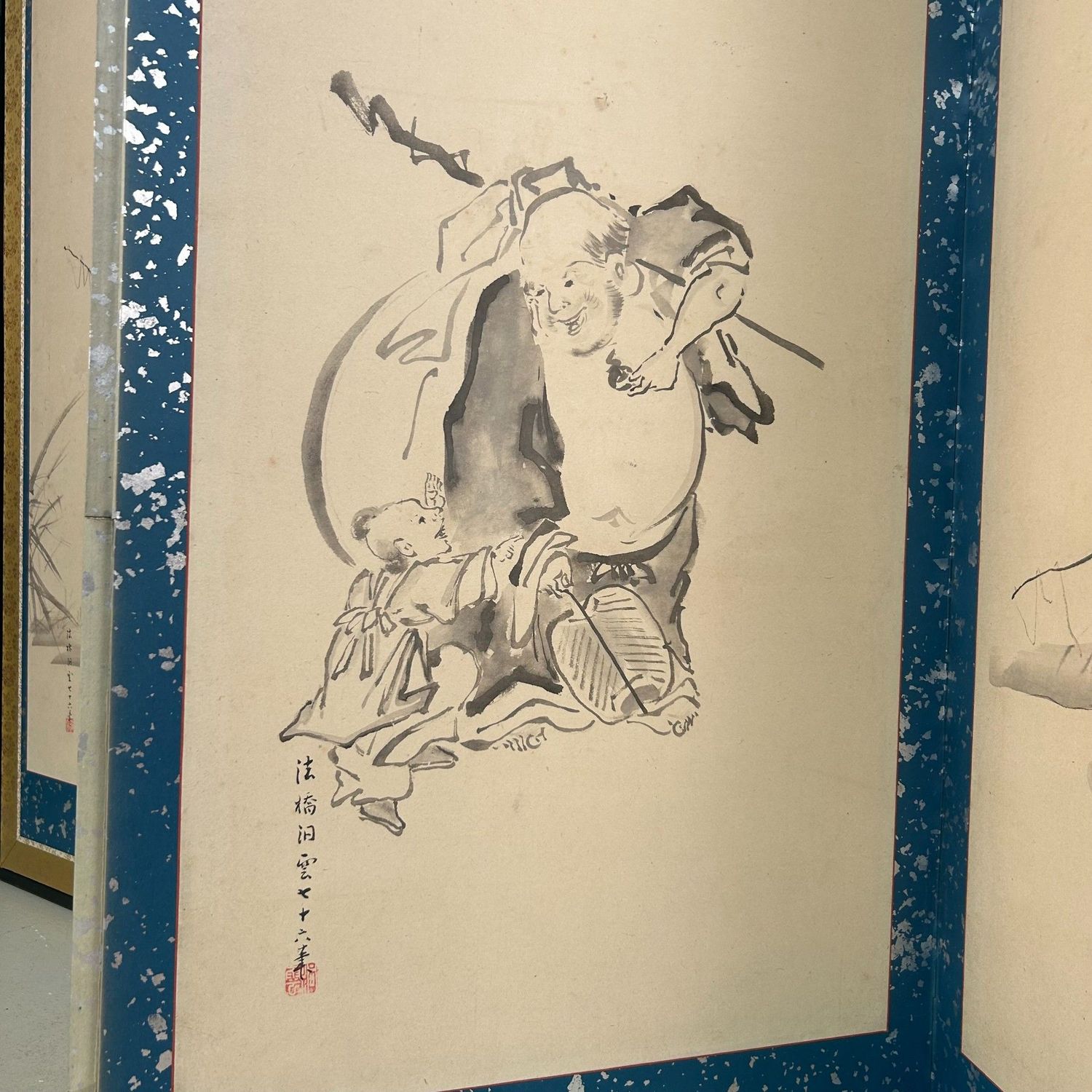 Japanese Folding Screen, Byōbu with Ink Paintings by Hōkyō Dōun, 1880s Japanese Folding Screen, Byōbu with Ink Paintings by Hōkyō Dōun, 1880s