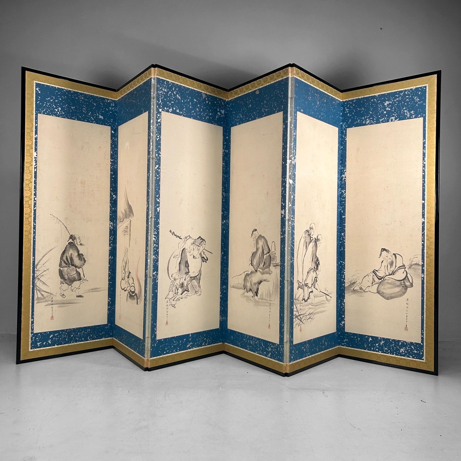 Japans Kamerscherm, Byōbu met Inkttekeningen door Hōkyō Dōun, 1880s Japans Kamerscherm, Byōbu met Inkttekeningen door Hōkyō Dōun, 1880s