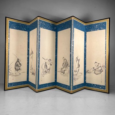 Japans Kamerscherm, Byōbu met Inkttekeningen door Hōkyō Dōun, 1880s
