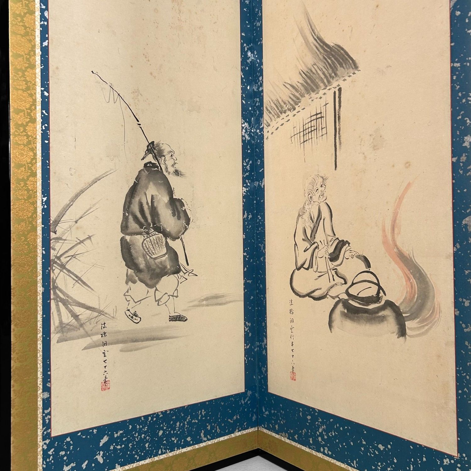 Japanese Folding Screen, Byōbu with Ink Paintings by Hōkyō Dōun, 1880s Japanese Folding Screen, Byōbu with Ink Paintings by Hōkyō Dōun, 1880s