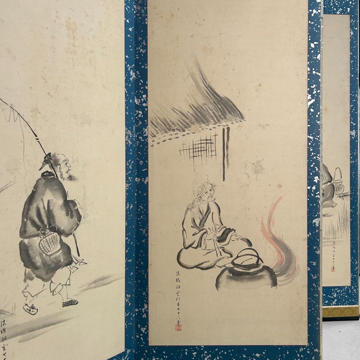 Japanese Folding Screen, Byōbu with Ink Paintings by Hōkyō Dōun, 1880s Japanese Folding Screen, Byōbu with Ink Paintings by Hōkyō Dōun, 1880s