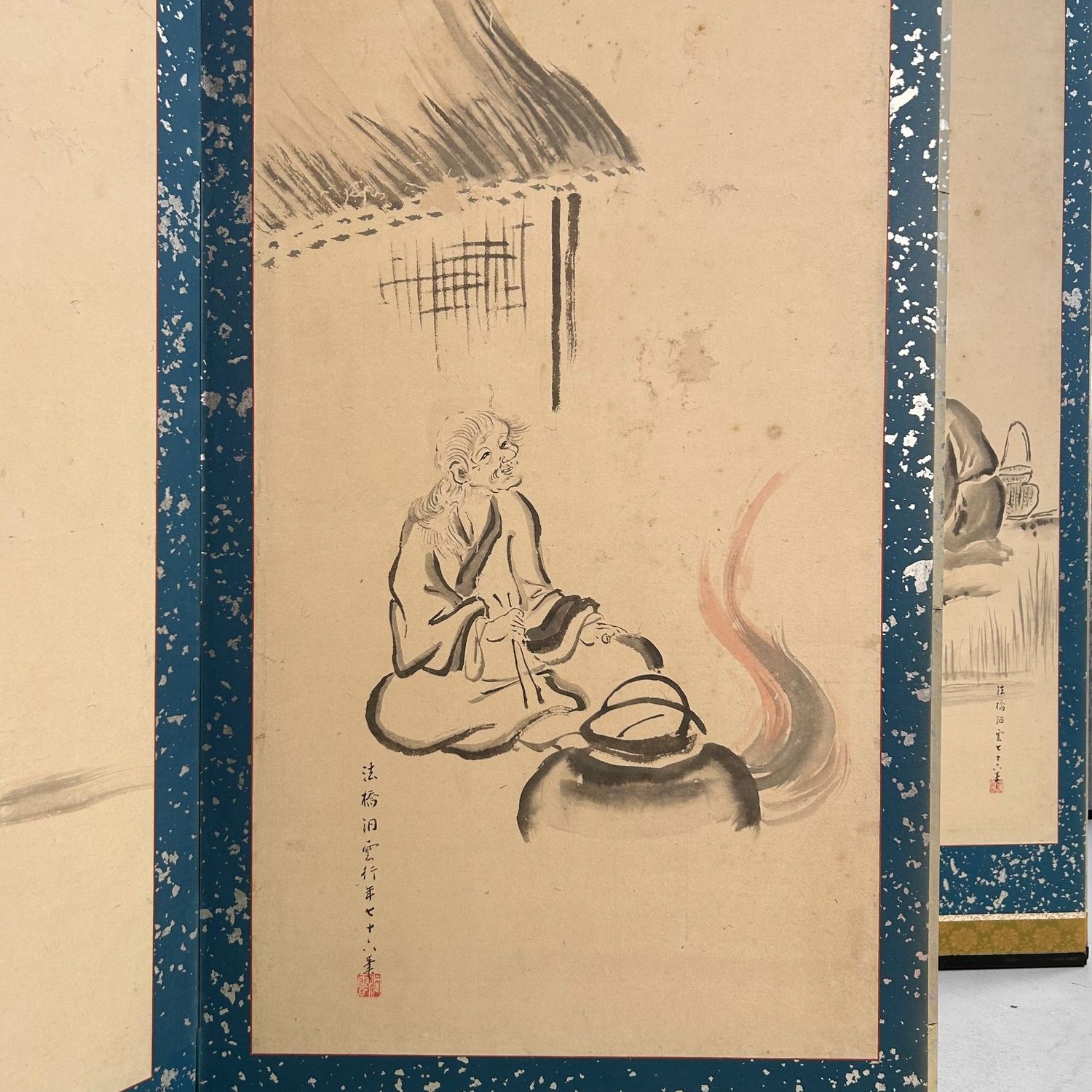 Japanese Folding Screen, Byōbu with Ink Paintings by Hōkyō Dōun, 1880s Japanese Folding Screen, Byōbu with Ink Paintings by Hōkyō Dōun, 1880s