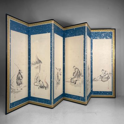 Japanese Folding Screen, Byōbu with Ink Paintings by Hōkyō Dōun, 1880s