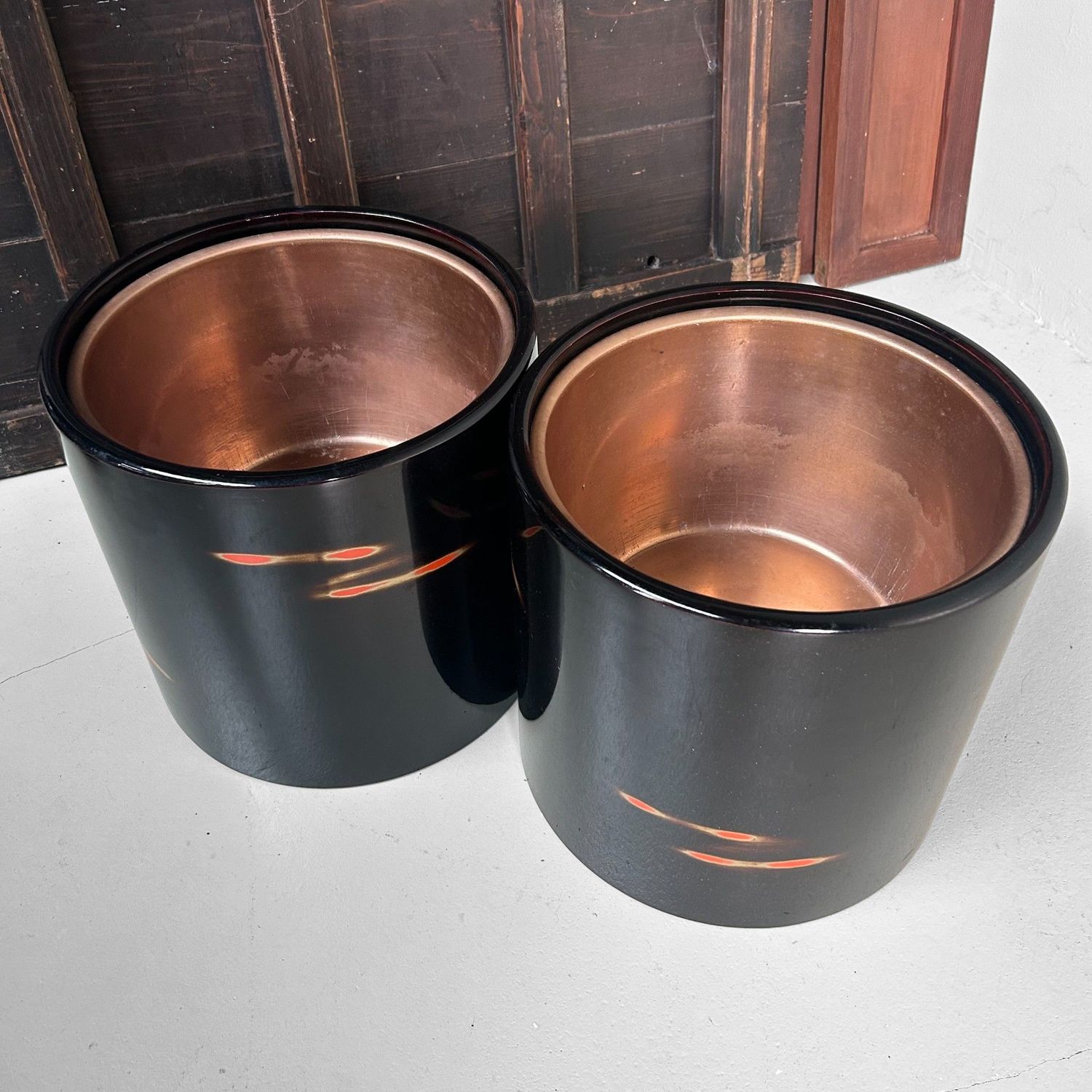 Set of Japanese Hibachi, Negoro-nuri, 1950s