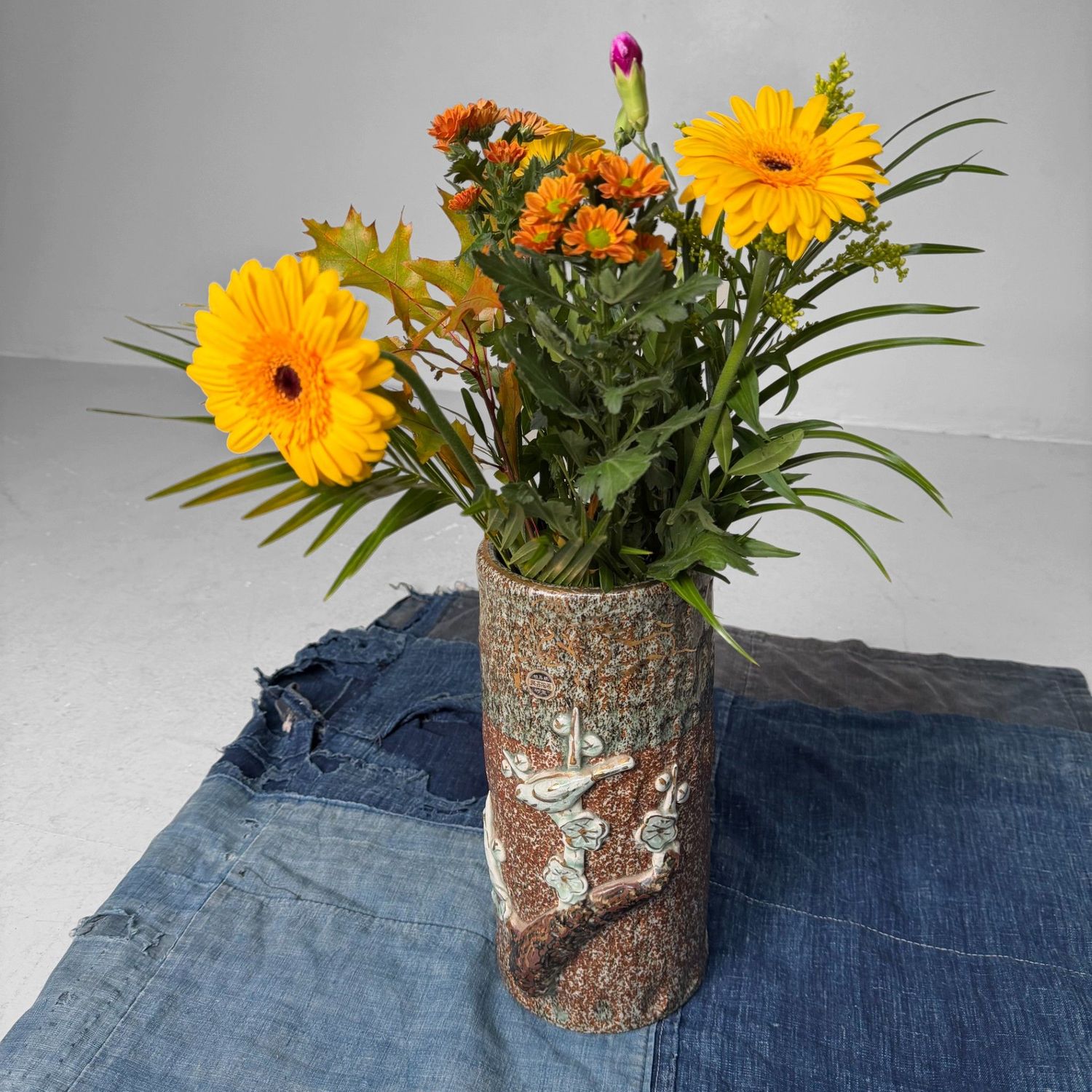 Japanese Soma Ware Cylindrical Vase, Ikebana, 1970s