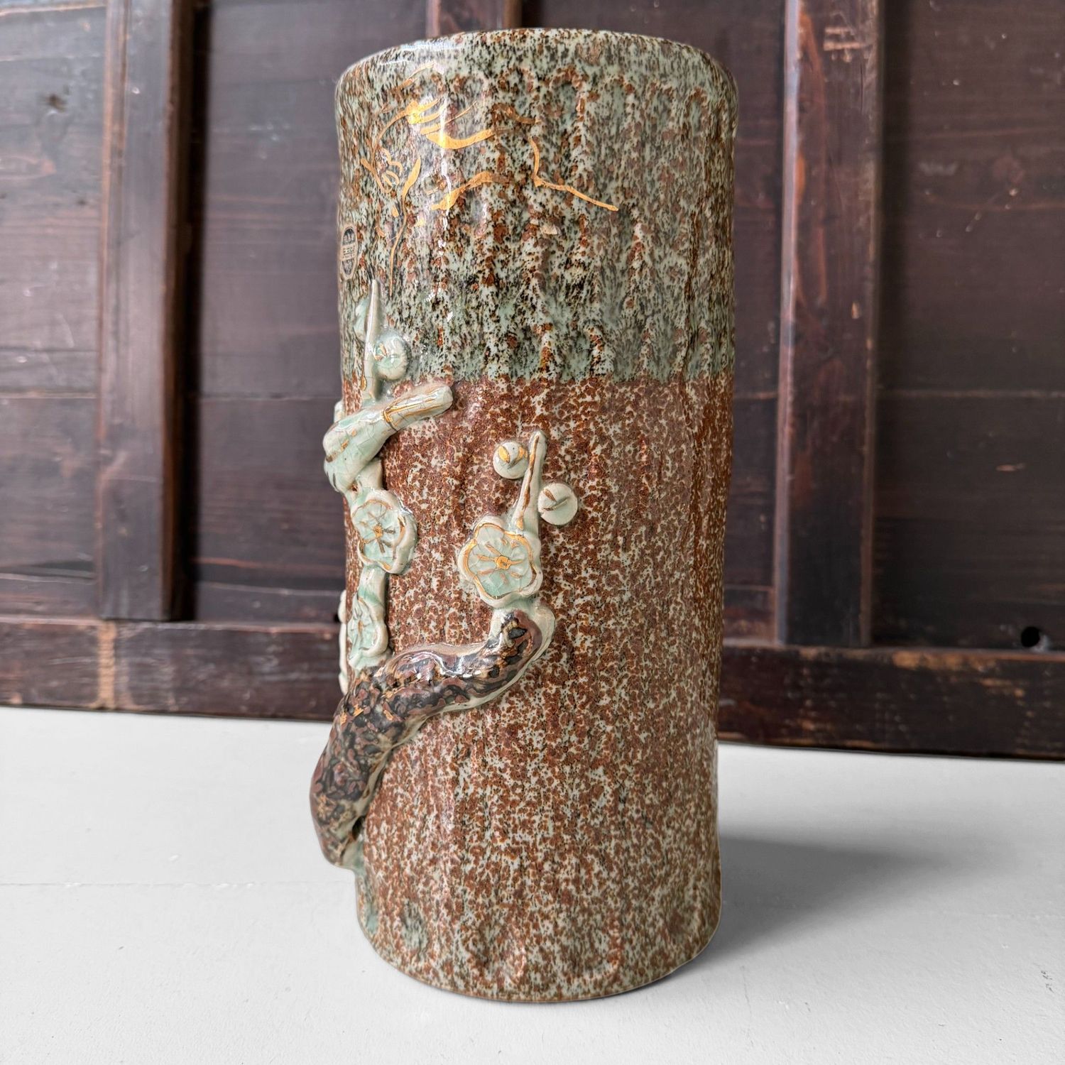 Japanese Soma Ware Cylindrical Vase, Ikebana, 1970s