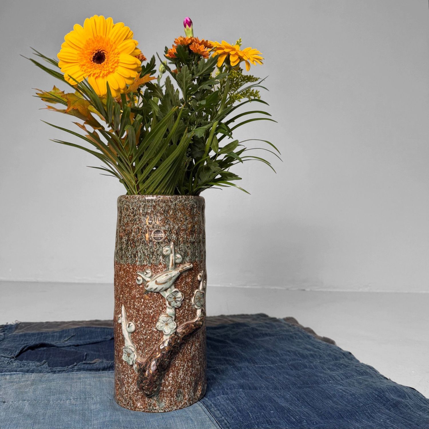 Japanese Soma Ware Cylindrical Vase, Ikebana, 1970s