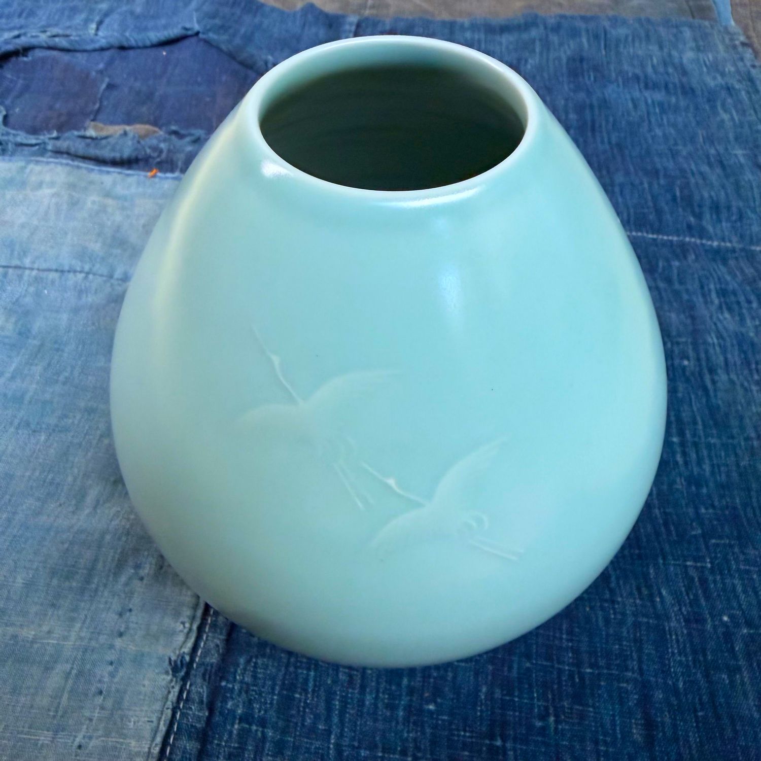 Japanese Kiyomizu Celadon Vase with Cranes, 1970s