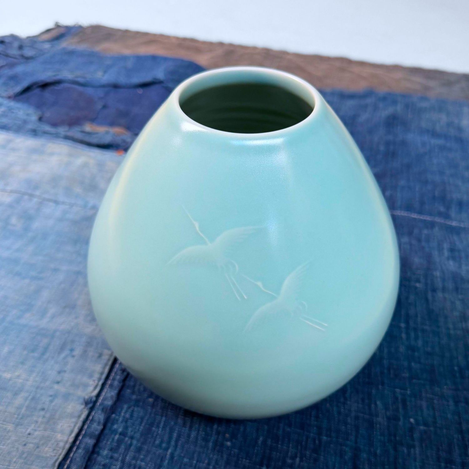 Japanese Kiyomizu Celadon Vase with Cranes, 1970s
