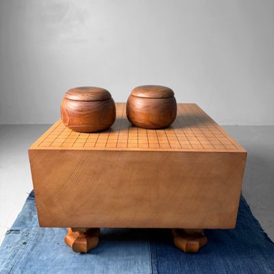 Japanese Go Set in Keyaki Wood with Shell and Slate Stones, 1950s