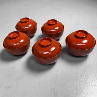 Set of Japanese Lacquered Bowls with Lids from Yamanaka, 1980s
