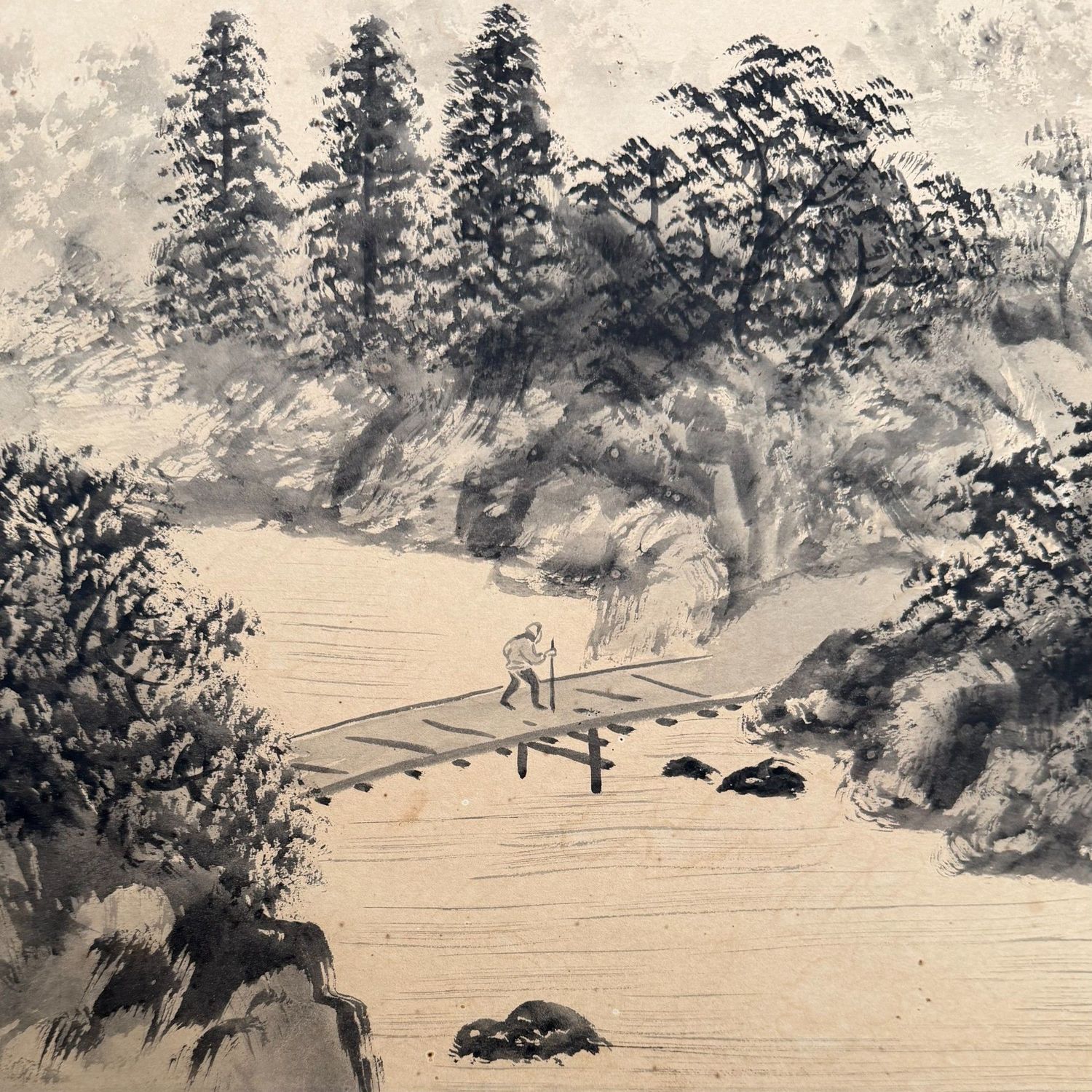 Japans Sumi-e Landschap op Paneel, Muurdecoratie, 1950s