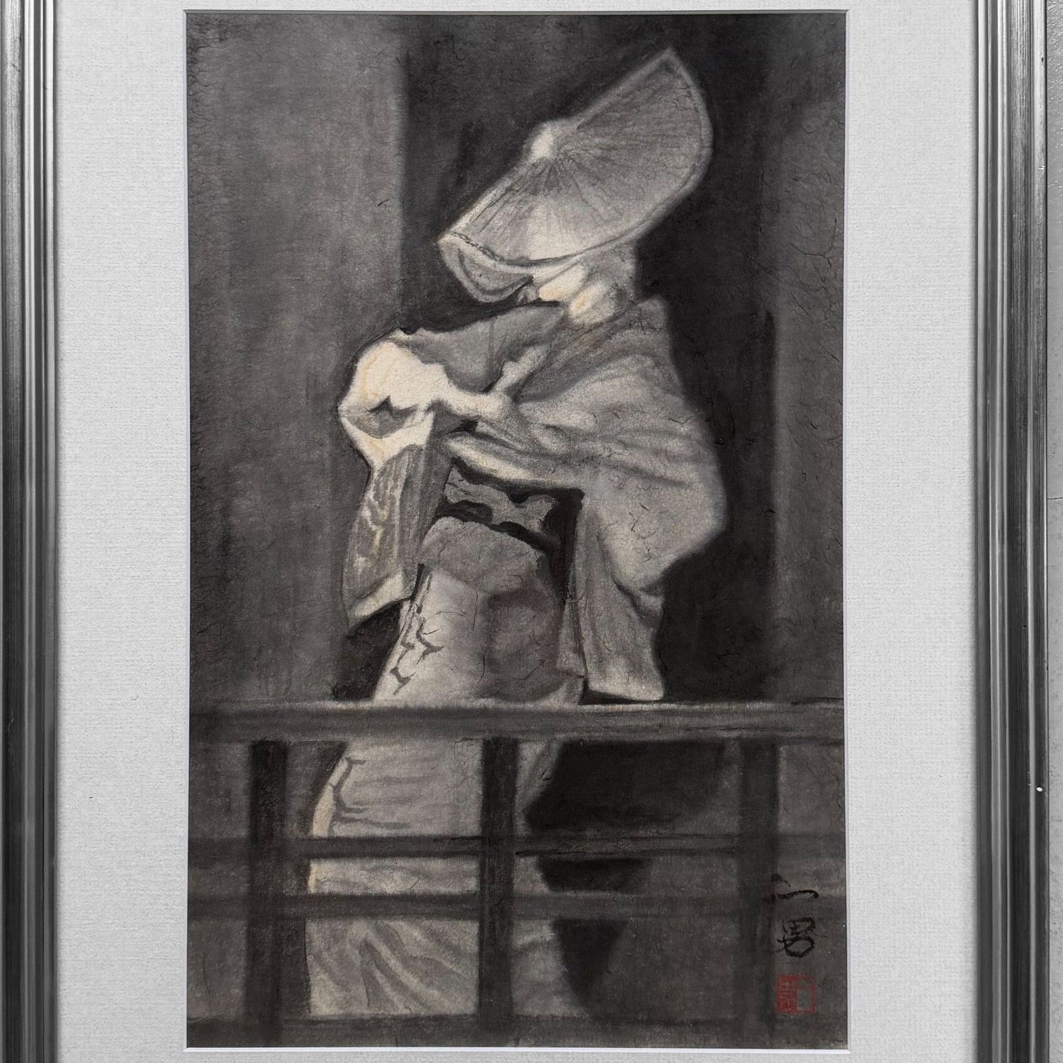 Japanese Ink Painting on Kōzo Washi, “Dancing Woman in Kimono”, 1970s