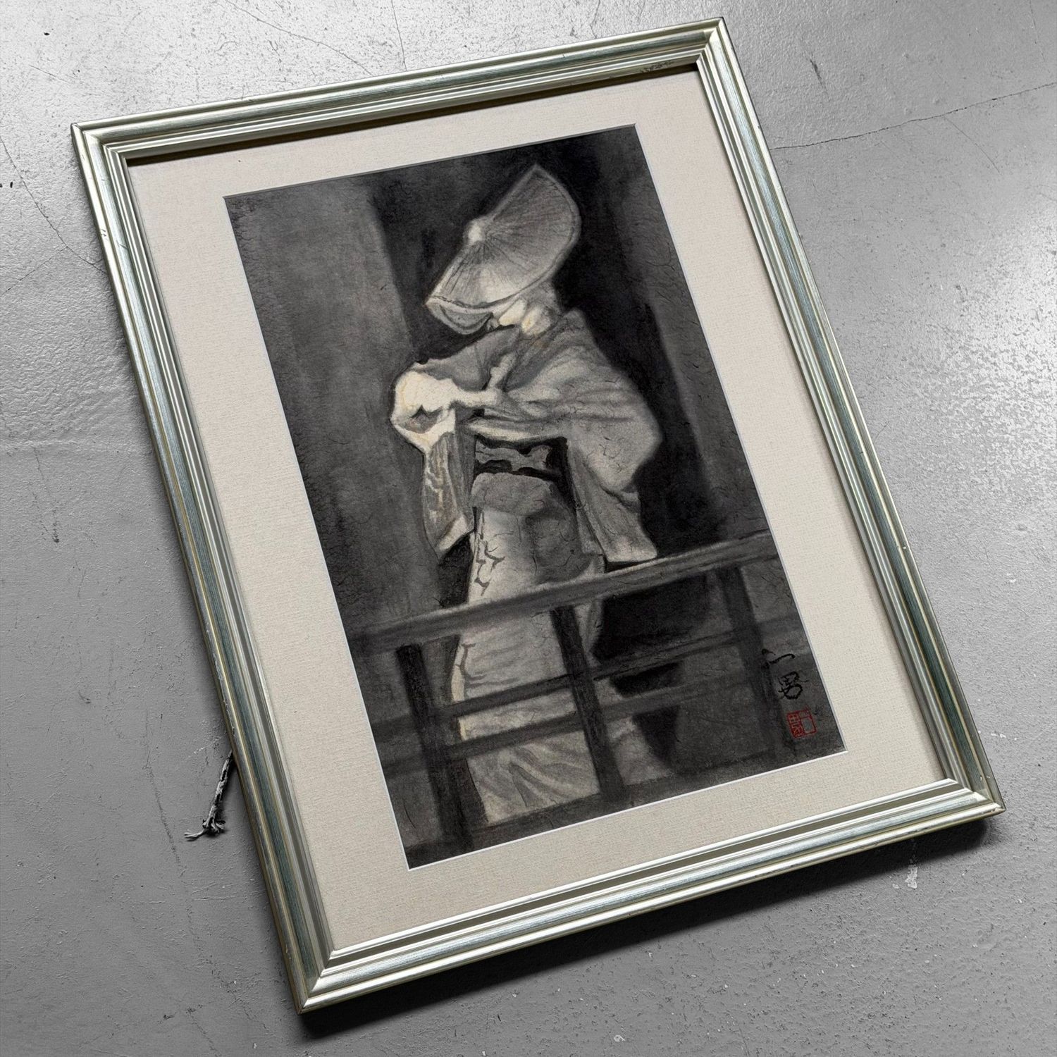 Japanese Ink Painting on Kōzo Washi, “Dancing Woman in Kimono”, 1970s