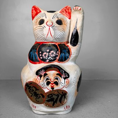 Large Hand-Painted Maneki-neko, Japanese Lucky Cat, 1950s