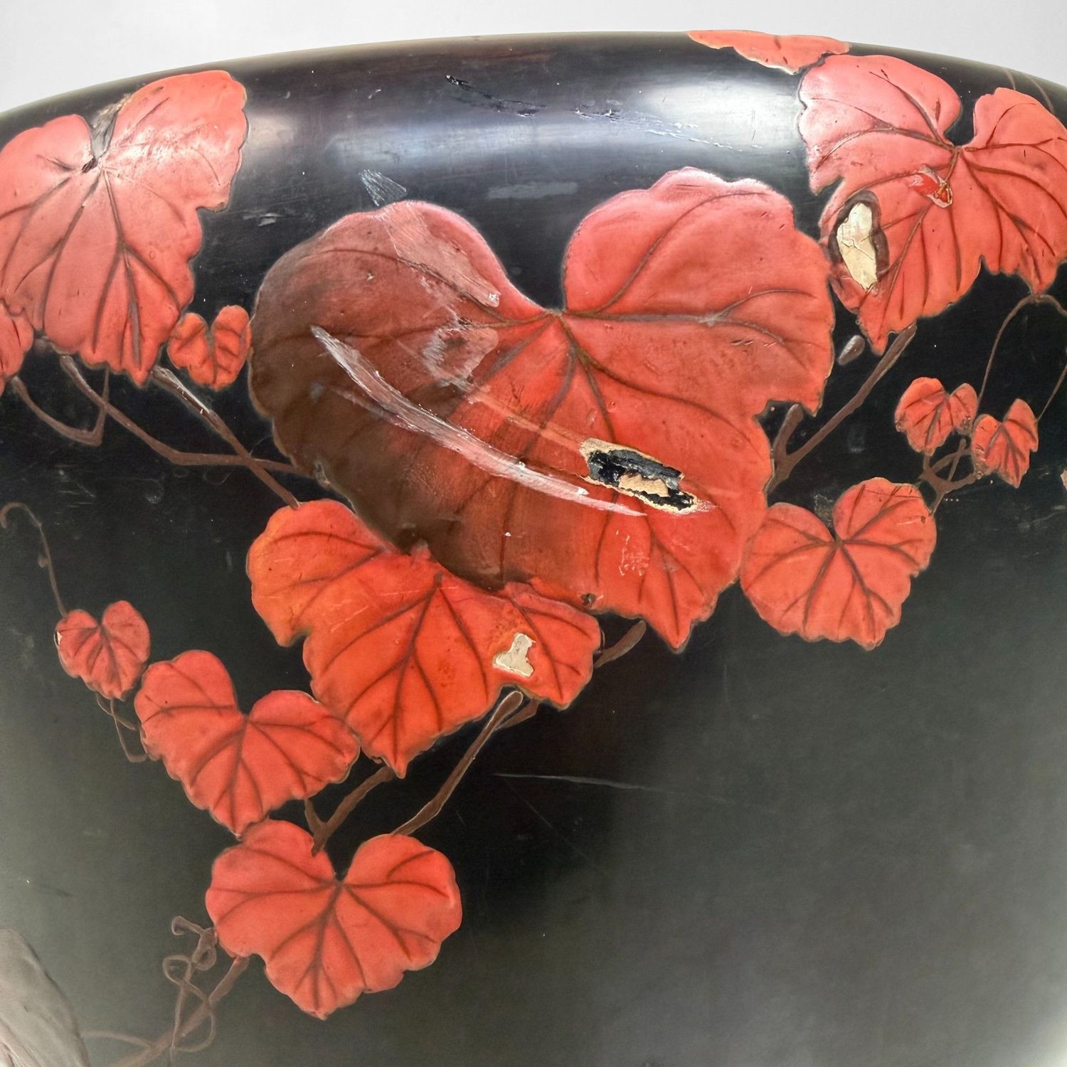 Japanese Wooden Hibachi with Relief Decoration, 1950s